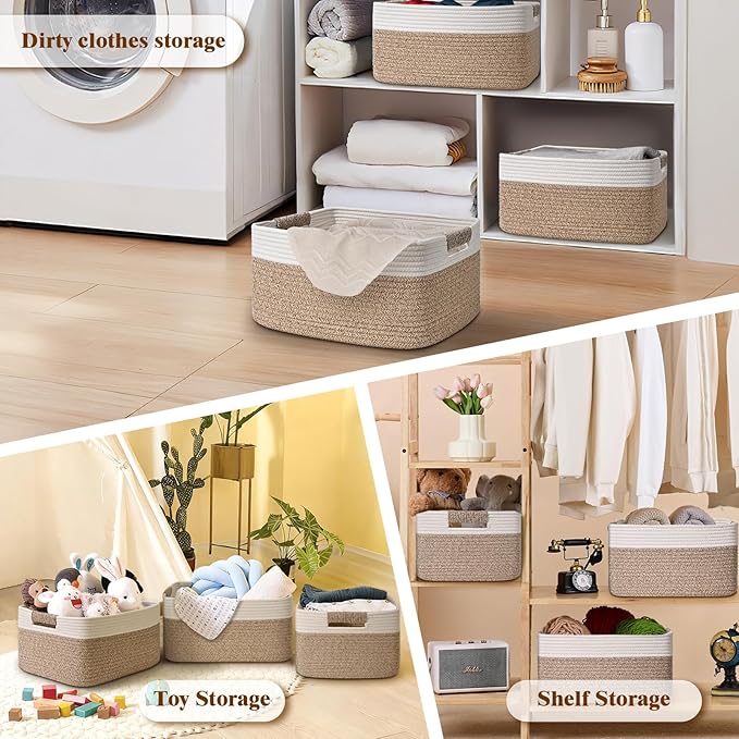 2 Pack Large Storage Basket for Organizing, 17.5"x13.5"x7.5" Woven Basket for Shelves, Closet Storage Bins with Wrapped Handle, Cotton Rope Baskets for Kitchen, Clothes, Toys(Off White & Brown)