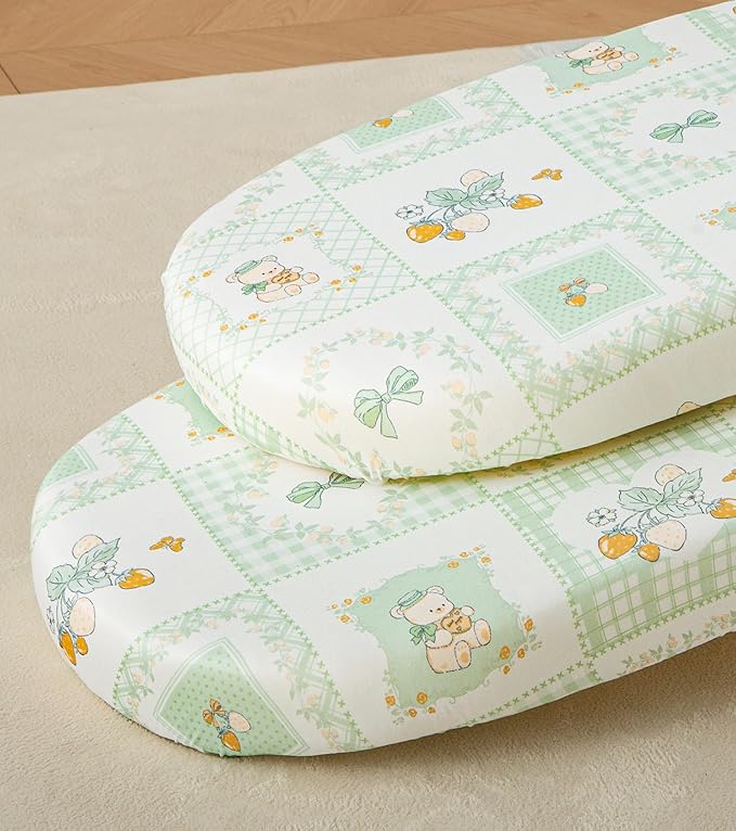 SDY Jersey Floral Bassinet Sheets for Baby Boys and Girls,32 "x 16 "x 4",2 Pack,Neutral Green Flower Standard Oval/Retangle Bassinet Mattress Sheets for Toddler,Super Soft Breathable