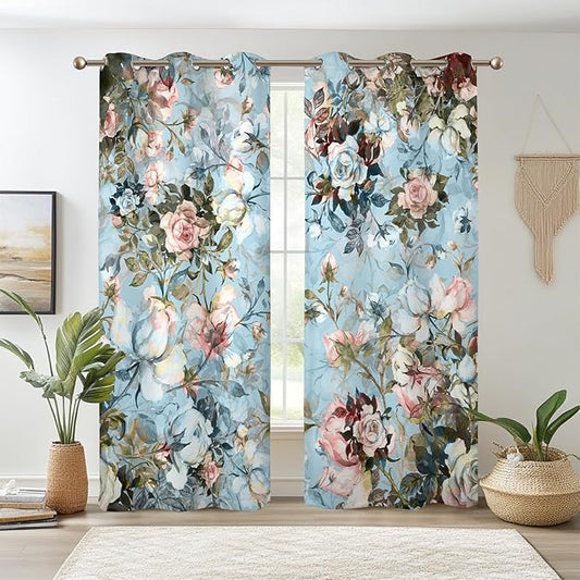 Renaiss Blue Rose Floral Blackout Curtains, Light Blue Watercolor Flowers Blossom Bedroom Window Curtains, Vintage Grommet Window Drapes for Living Room 42W x 84L 2 Panels Set