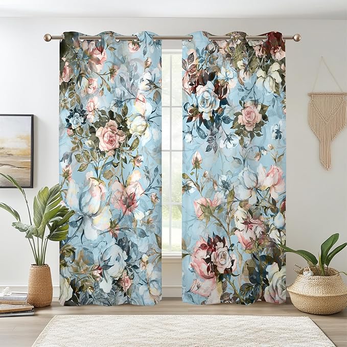 Renaiss Blue Rose Floral Blackout Curtains, Light Blue Watercolor Flowers Blossom Bedroom Window Curtains, Vintage Grommet Window Drapes for Living Room 53W x 96L 2 Panels Set