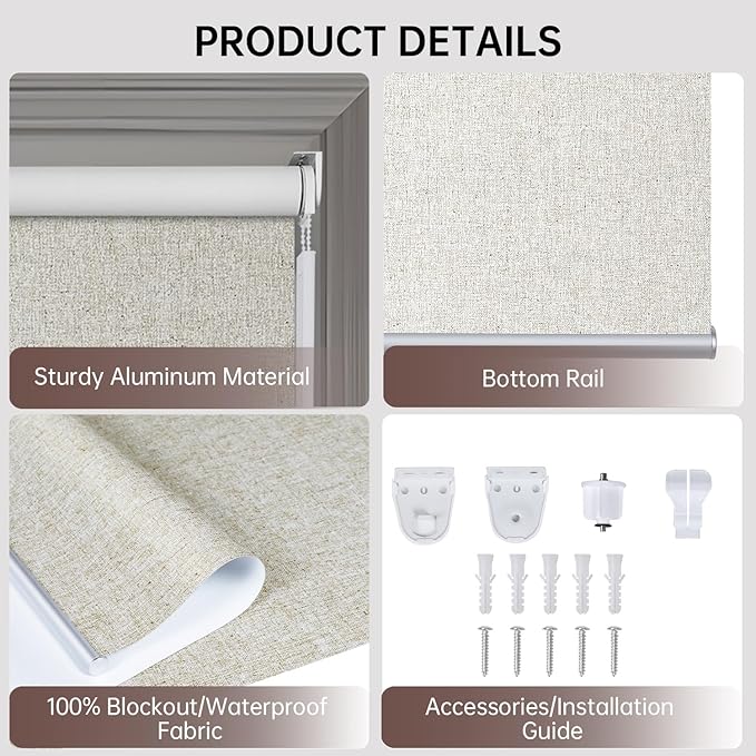 Allbright Linen Roller Shades with Wand Rod, Cordless Fabric Roller Blinds with Thermal Insulated, 100% Blackout Window Shades for Home, Office, Bedroom, Beige, 16" W x 64" H