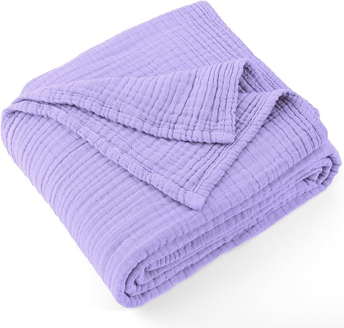 Carriediosa 100% Cotton Muslin Throw Blanket 50" X 70" Twin XL Size，4-Layers Summer Gauze Throws for Bed Couch，Soft Lightweight Breathable Linen Blankets Bedspread for Adults All Season，Light Purple