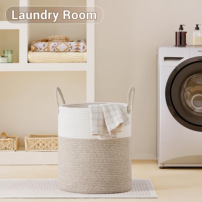 Tall Laundry Basket with Handles, 88L Portable Dirty Clothes Hamper, Boho Cotton Rope Storage Bin for Blankets Kids Toys Gifts, Large Organizer for Baby Nursery Bedroom Bathroom, New Brown