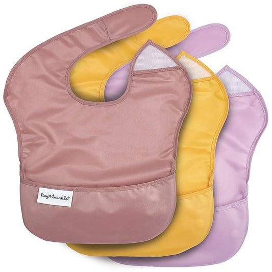 Tiny Twinkle Mess-Proof Baby Bibs for Eating | Waterproof, Wipeable Toddler Bibs with Catch-All Pocket | Feeding Bibs for Girls & Boys(3 Pack,Sage,Taupe, Dandelion)