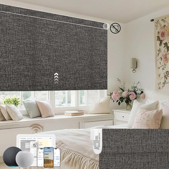 Kincmo No Drill Motorized Blinds with Remote, 100% Blackout Roller Shades for Windows, Custom Electric Blinds Compatible with Alexa, Apple Homekit, Google Home (100% Blackout Classic Shadow)