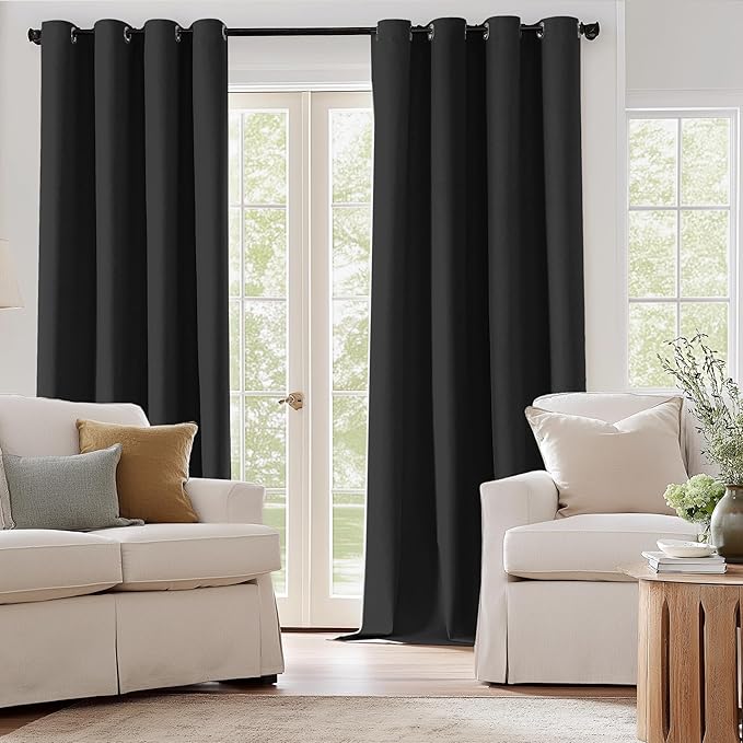 ChrisDowa 100% Blackout Linen Curtains 96 Inches Long 2 Panels for Bedroom Living Room Farmhouse Room Darkening Thermal Insulated Soundproof Grommet Top Window Treatment Drapes(52x96,Black)