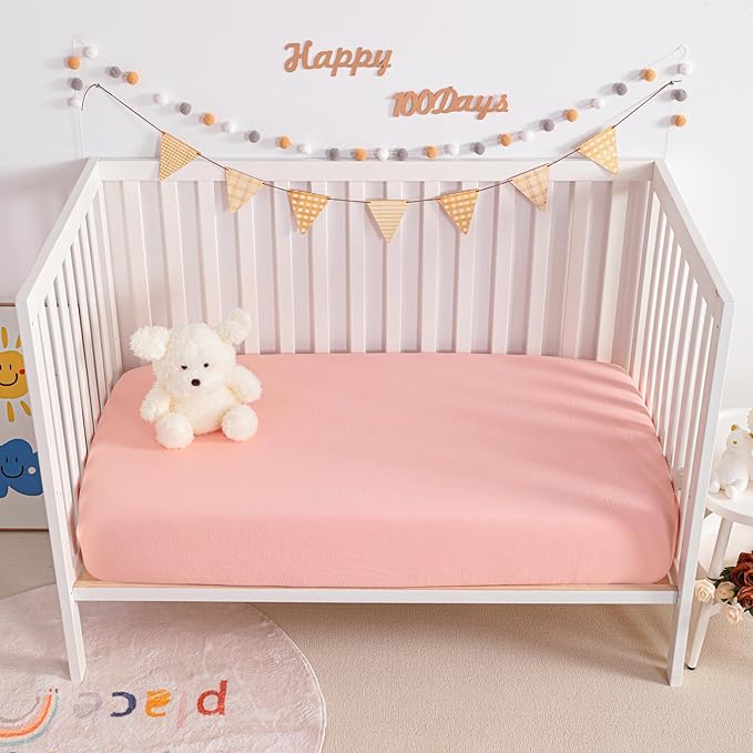 NTBAY 2 Pack Muslin Cotton Mini Crib Sheets, Soft and Breathable Double Layer 24x38 Baby Crib Sheets for Mini Crib and Toddler Mattresses, Boys, Girls, Unisex, Coral Pink, 24x38 Inches