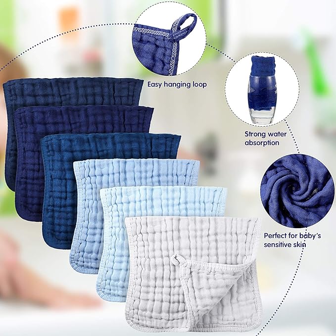 Irenare 6 Pack Muslin Burp Cloths Cotton Baby Burping Rags Large 20 x 10 Inch 6 Layers Spit up Rags Soft Absorbent Multicolor Wash Cloths Diapers for Newborn Baby Girl Boy (Blue Series)