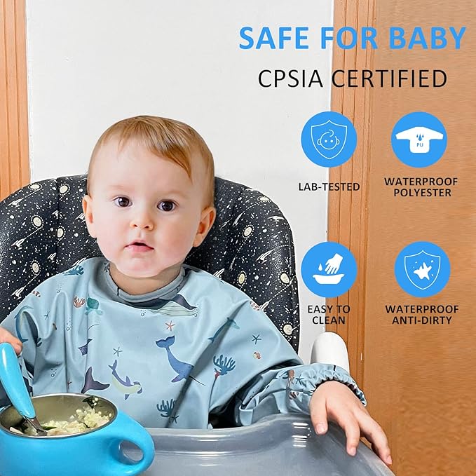 HALAA VAUVA Long Sleeve Baby Bibs for Toddlers, Waterproof, Boys Girls Smock with Food Catcher Pocket for Feeding, Eating