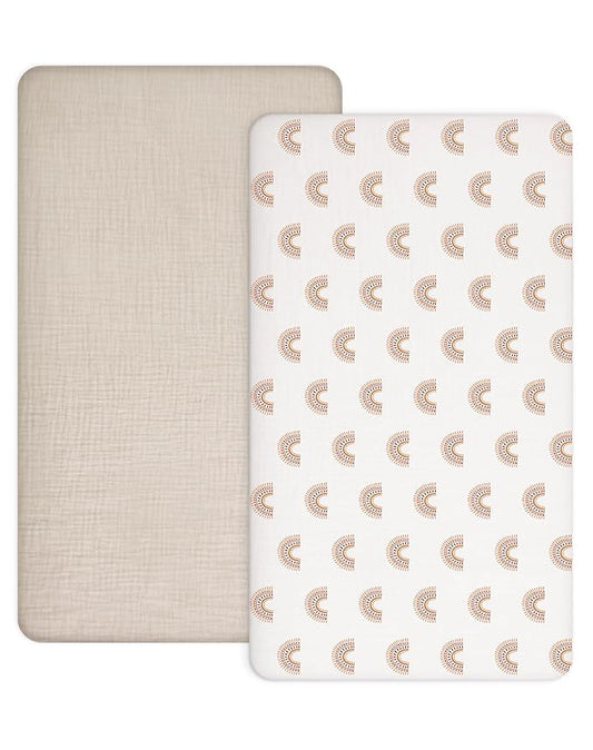 Crib Sheets for Baby Boy Girl 2 Pack, Fitted Crib Mattress Sheet 28" x 52", Muslin Toddler Bedding with Neutral Style, Nursery Bedding Essentials (Beige & Rainbow)