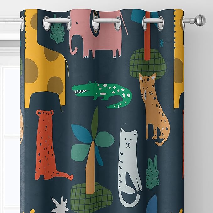 Darkening Thermal Insulated Curtains Pattern Printing Jungle with Funny Animals Giraffe Elephant Tiger Leopard Crocodile for Living Room Kitchen Office 85x85inch(214x214cm)