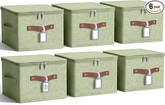 6 Pack Fabric Closet Storage Bins with Zipper Lids and Label, 10×8×7In Large Size Foldable Cotton Linen Storage Cubes Boxes with PU Leather Handles Holders for Bedroom, Shelf, Nursery, Green