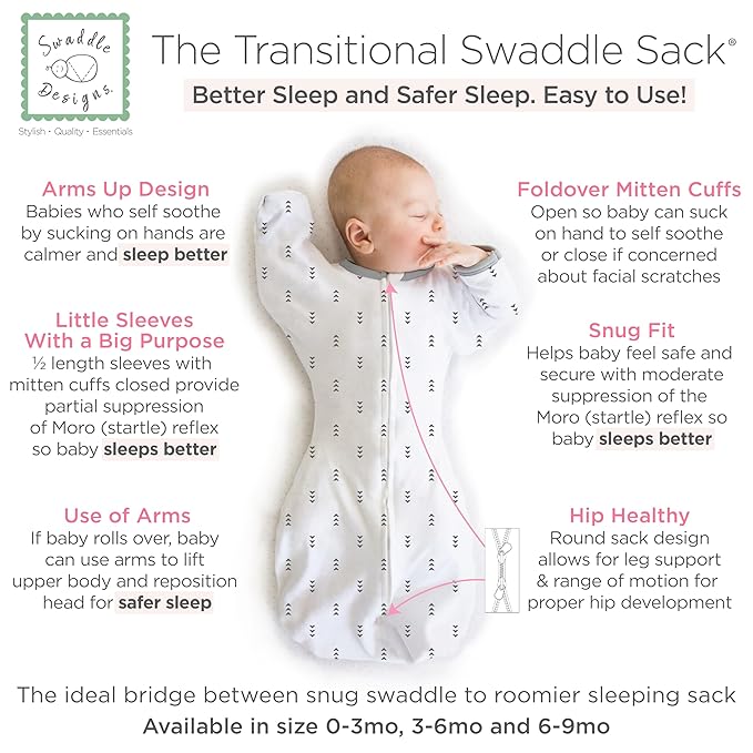SwaddleDesigns Transitional Swaddle Sack, Arms Up Half-Length Sleeves & Mitten Cuffs, Swaddle for Newborn Transition to Baby Sleep Sack Wearable Blanket, Small, 0-3 month, 6-14 lb, Tiny Arrows