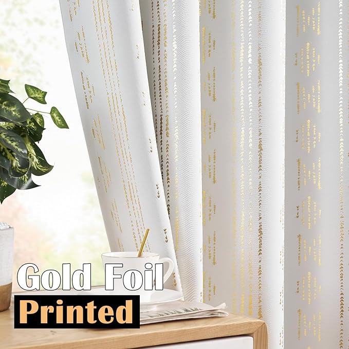 jinchan 95% Blackout Boho Curtains 84 Inches Long for Bedroom Living Room Golden Geometric Foil Printed Curtain Grommet Top Room Darkening Drapes Off White 52 x 84 2 Panels