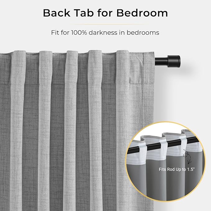 INOVADAY 100% Blackout Curtains for Bedroom, Black Out Curtains 108 Inch Long, Clip Rings Linen Blackout Drapes, Thermal Insulated Room Darkening for Living Room, 2 Panels - Grey,W50xL108