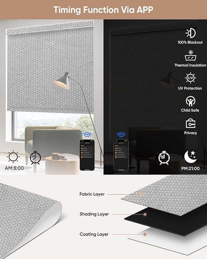 Kincmo Motorized Blinds with Remote,100% Blackout Motorized Roller Shades Work with Apple Homekit,Alexa,Google, Custom Electric Blinds with App,Voice Control (Groove Grey)