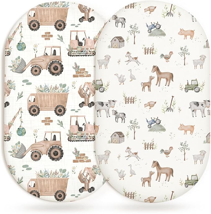 Bassinet Sheets for Baby Girls Boys 2 Pack, Fitted Baby Mattress Sheet for Rectangle, Oval, Hourglass Bassinet Mattress, Breathable Cozy & Universal Fit (Little Farm)