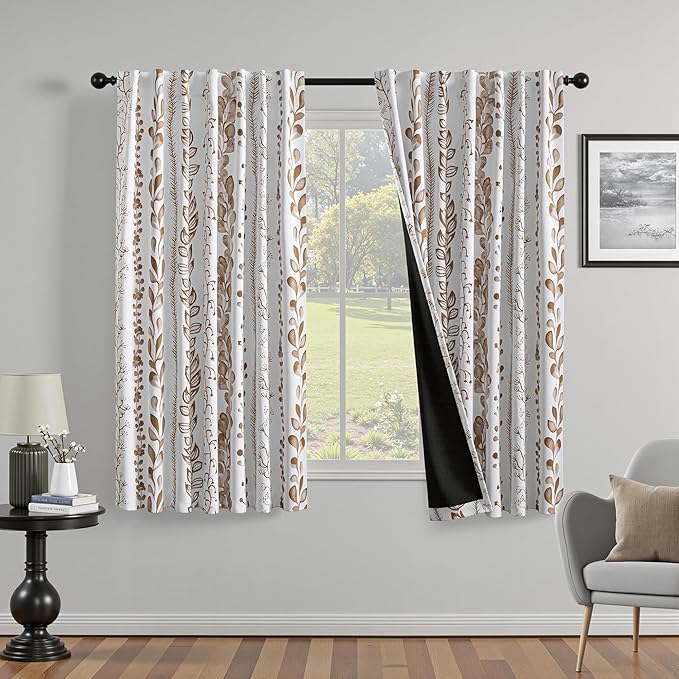 MEETSKY Blackout Curtains 63 Inches Long Leaves Patterned Farmhouse Thermal Insulated Privacy Protection Drapes with Rod Pocket Back Tab for Bedroom Living Room, 2 Panels, 50" Wide, Khaki