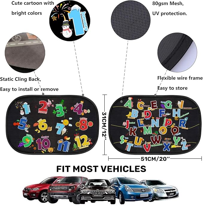 Car Sun Shade for Baby Kids 2 Pack Static Cling Side Window Car 80GSM Rear Sunshades Universal with 8 Suction Cups and Storage Bag - Sun Glare and UV Rays Protection (ABC+123)