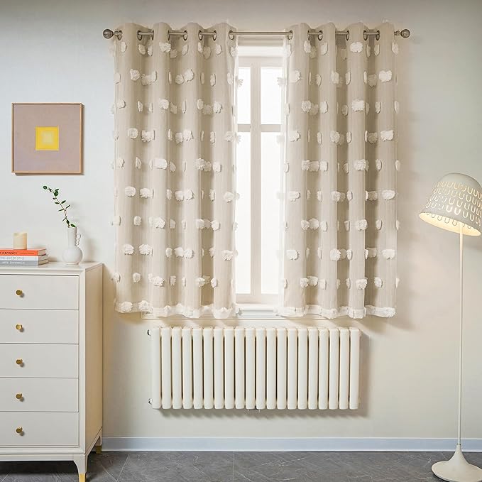 MYSKY HOME Beige Curtains for Bedroom 63 Inch Long Double Layer Curtains for Kids Room Kithen Beige Pom Pom Sheer Nursery Curtains Grommet Room Darkening Window Curtains 2 Panels Set, 52 x 63 Inch