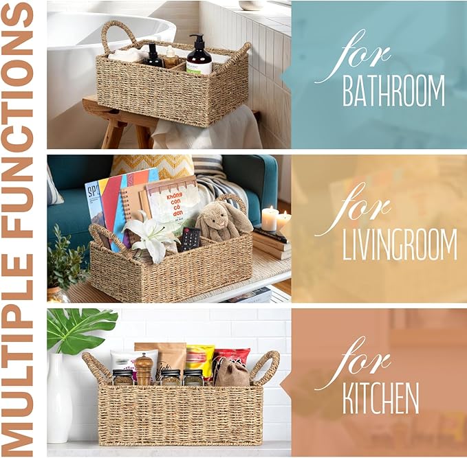 Wicker Divided Baskets with Handles, Seagrass Pantry Baskets, Storage Basket Woven Natural for Organizing Bathroom Kitchen Shelves Office Supplies Organization, Wicker Storage Baskets 4 Section.