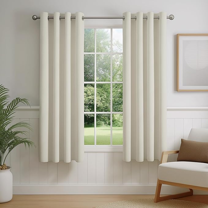 FMFUNCTEX 100% Beige Blackout Curtains for Bedroom, Cream Weave Textured Curtains 54 Inch Length Thermal Insulated Curtains for Living Room, Farmhouse Drapes Grommet Room Darkening 2 Panels