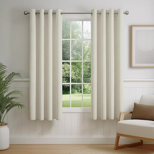 FMFUNCTEX 100% Beige Blackout Curtains for Bedroom, Cream Weave Textured Curtains 54 Inch Length Thermal Insulated Curtains for Living Room, Farmhouse Drapes Grommet Room Darkening 2 Panels