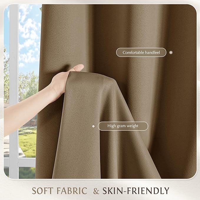 Beauoop 100% Blackout Curtains 63 Inch Long 2 Panels for Bedroom Living Room Brown Solid Room Darkening Thermal Insulated Soundproof Energy Saving Grommet Top Window Treatment Drapes,52x63, 2 Set
