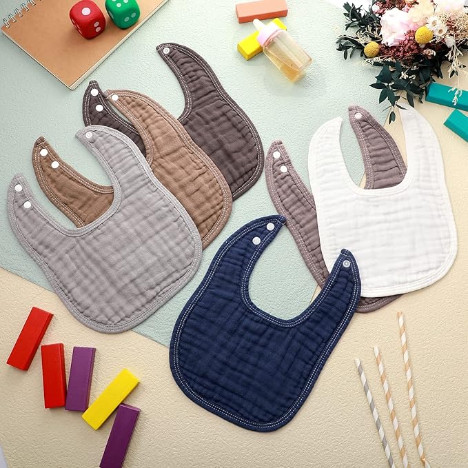 Frienda 6 Pcs Muslin Bibs Burp Cloths for Baby Teething Bandana Bibs 6 Absorbent Layer for Baby Boy Girl Cotton Burping Cloth(Gray Series)