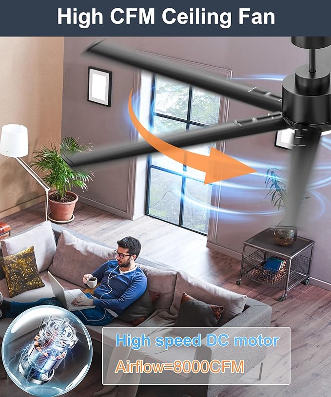 JAYNLT 60 Inch Ceiling Fan with Light,High CFM Industrial LED Fan Lights with 6 Aluminium Blades,Remote Control, Air Reversible 6 Speed 3 Colors Noiseless DC Motor for Kitchen,Shop