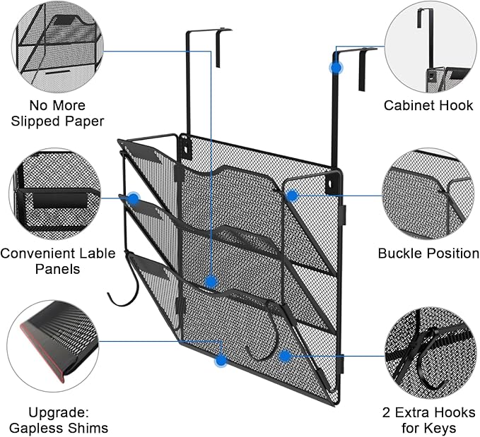 Wall File Organizer 3 Pockets, Mail Organizer, Hanging Folder Holder, Foldable | Hanging or Wall Mounted | Label Panel | 2 Hooks | Office Home School Organizer, Black