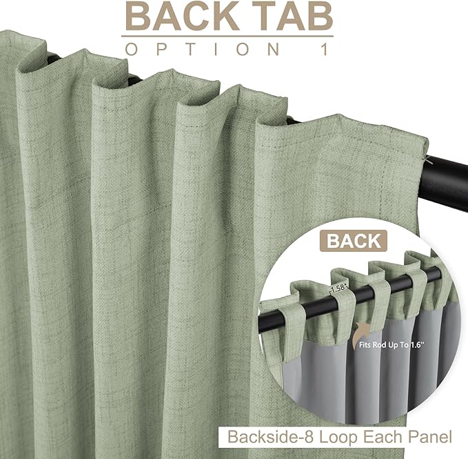 100% Blackout Shield Linen Blackout Curtains for Bedroom 90 Inches Long, Back Tab/Rod Pocket Living Room Drapes, Thermal Insulated Blackout Curtains 2 Panels Set, 50" W x 90" L,Sage Green