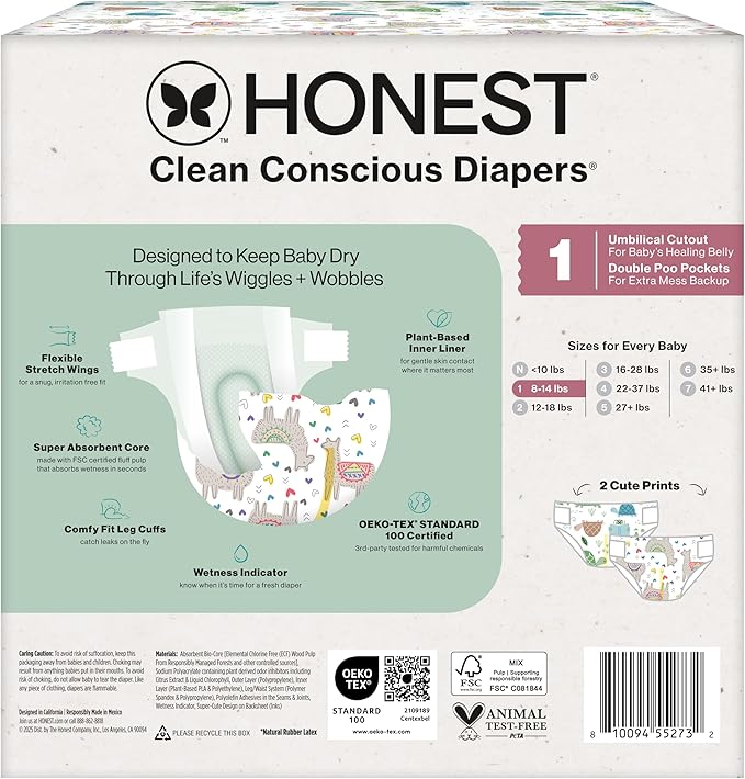 The Honest Company Comfort Dry Disposable Diapers for Sensitive Skin, Hypoallergenic, All The Alpacas + Turtle Time, Club Box Size 1 (8-14 lbs) 78 Count