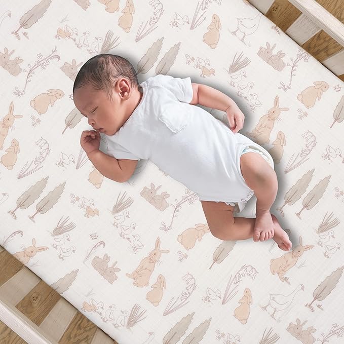 Lambs & Ivy Signature Bunny Hop Organic Cotton Muslin Baby Fitted Crib Sheet