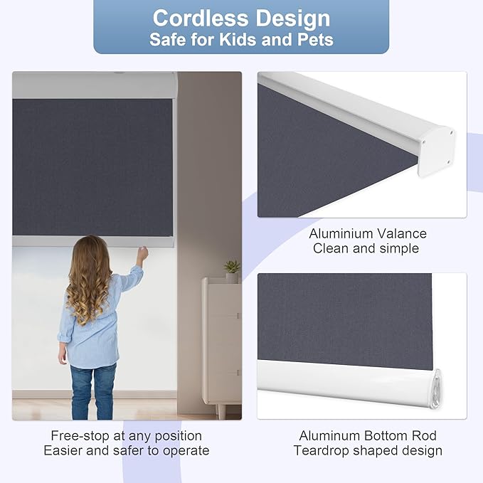Allesin 100% Blackout Cordless Roller Shades for Windows, Free-Stop Shades, Thermal Insulated, UV Protection, Waterproof Fabric, Easy to Install for Home, Office, Bathroom (Dark Gary 31 x 72)