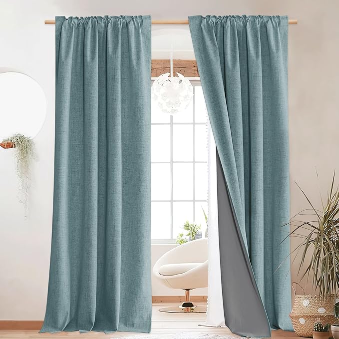 NICETOWN Skylark Blue Blackout Linen Curtains 95" Long, Rod Pocket Back Tab Full Light Blocking Drapes with White Thermal Insulated Liner for Nursery, Hall, Villa (2 Pieces, 52" Wide Each Panel)