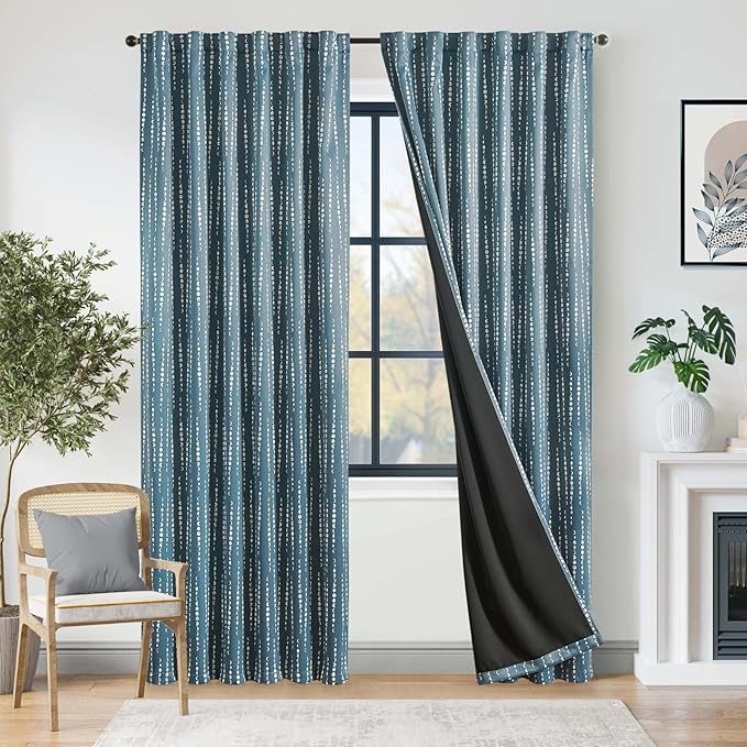 jinchan 95% Blackout Bohemian Moon Phase Print 84 Inch Long Blue Curtain Suitable for Bedroom, Living Room, Nursery, Farmhouse, Pole Mouth, Back Label, Insulated Window Treatment Set 2 Panels