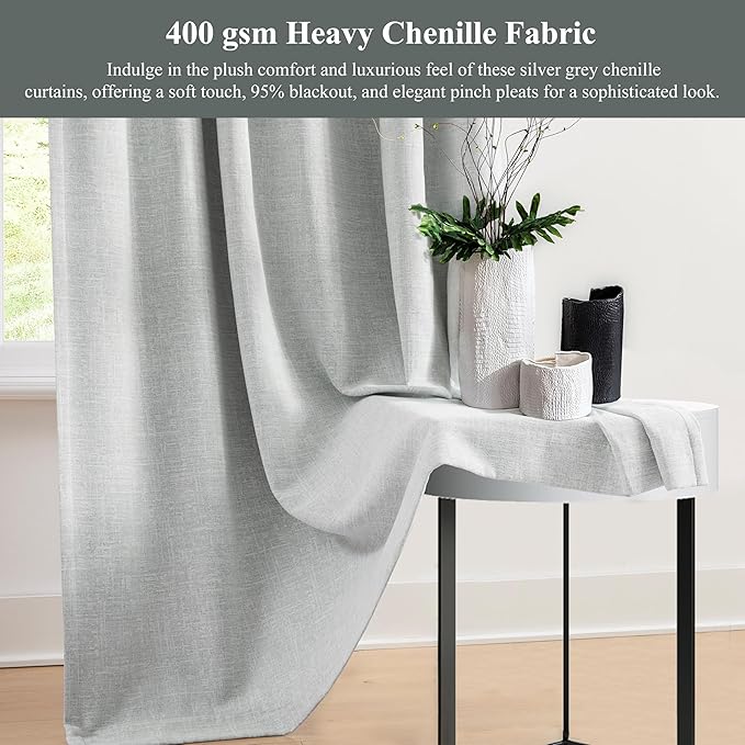 WEST LAKE Silver Grey Chenille Pinch Pleated 95% Blackout Window Curtain Panels for Bedroom,9 FT Triple Weave Textured Heavy Darkening Drapes,Modern Window Treatment,Back Tab,40" Wx108 L,Pack of 2