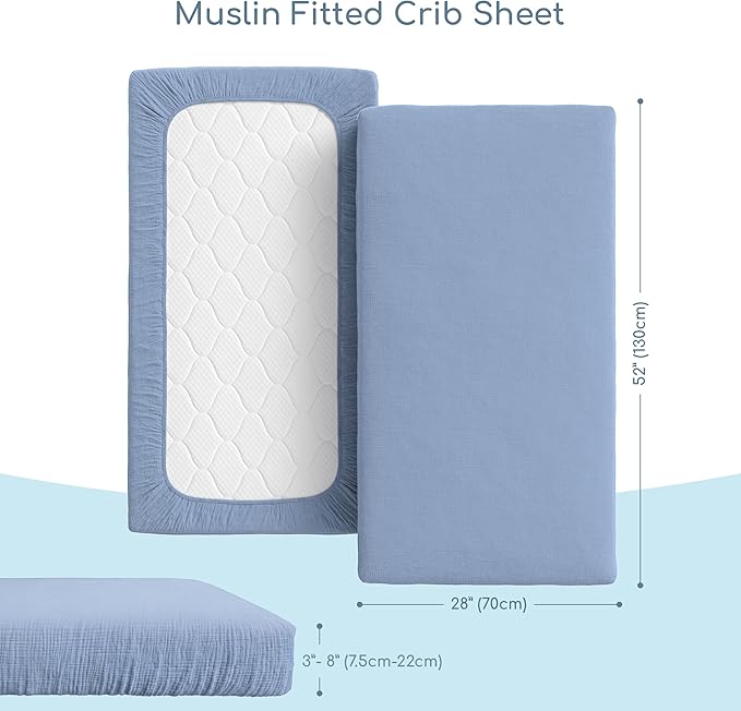 Muslin Crib Sheets, 100% Organic Cotton, Breathable and Ultra-Soft, Standard Crib Sheet Mattress (28"x 52") for Girls and Boys, Neutral Fitted Baby Crib Sheet (Blue)