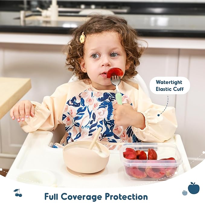 GRSSDER 2 Pack Long Sleeve Baby Feeding Bibs, Super Soft Lightweight Waterproof Coverall Baby Led Weaning Bib with Large Food Catcher Pocket, Adjustable and Easy Clean for 6-30 Months