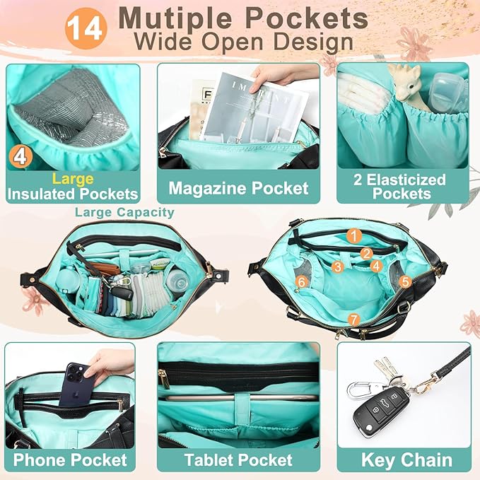MOMINSIDE Diaper Bag Tote, Leather Diaper Bag Backpack with 14 Pockets, Convertible Baby Bag for Boys Girls, Baby Registry, Changing Pad, Large 4 Insulated Pockets(Black)