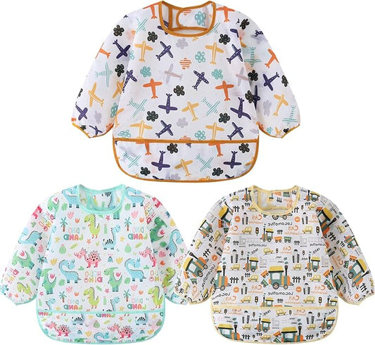 HaimoBurg 3 Pcs Waterproof Long Sleeves Baby Bibs Weaning Smock Bib 3-24 Months