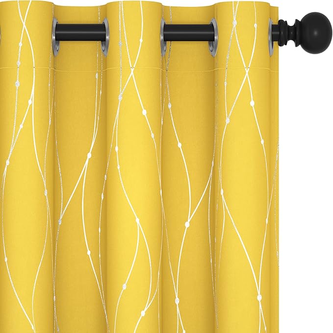 Deconovo Yellow Curtains, Blackout Drapes, Thermal Insulated Soundoroof Pravicy Curtain with Wave Dots Foil, 42 x 72 Inch, Machine Washable Panels for Small Windows Office Nursery Living Room Bedroom