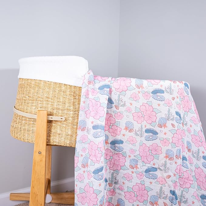 LollyBanks Baby Swaddle Blanket for Girls, 100% Cotton Soft and Breathable Muslin Swaddle Blanket 47 x 47 Inches, Lightweight Newborn Blankets, Baby Essentials Must Haves (Clams Flower Print)
