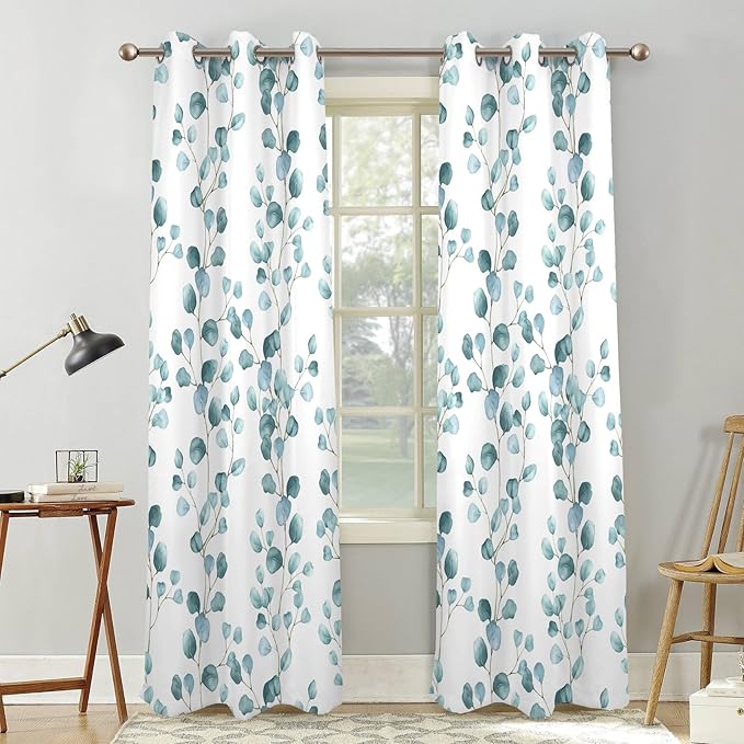 Renaiss Eucalyptus Leaf Curtains Green Eucalyptus Print Blackout Window Drapes for Bedroom Botanical Grommet Top Thermal Insulated Window Curtains for Living Room 42W x 96L 2 Panel Set