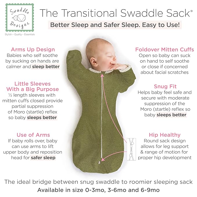 SwaddleDesigns Transitional Swaddle Sack, Arms Up Half-Length Sleeves & Mitten Cuffs, Swaddle for Newborn Transition to Baby Sleep Sack Wearable Blanket, 0-3 Month, 6-14 lb, Heathered Green Turtle