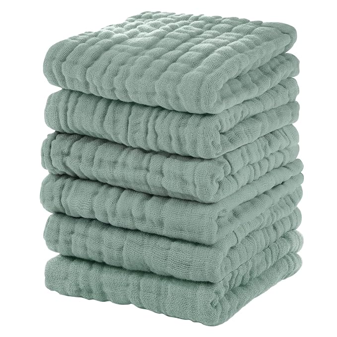 Unnivoll Muslin Baby Washcloths 6 Pack, 100% Cotton Wash Cloths for Babies, Large 12''X12'' Burp Cloths Absorbent and Soft for Newborn Infants Kids Boys Girls - Dark Green
