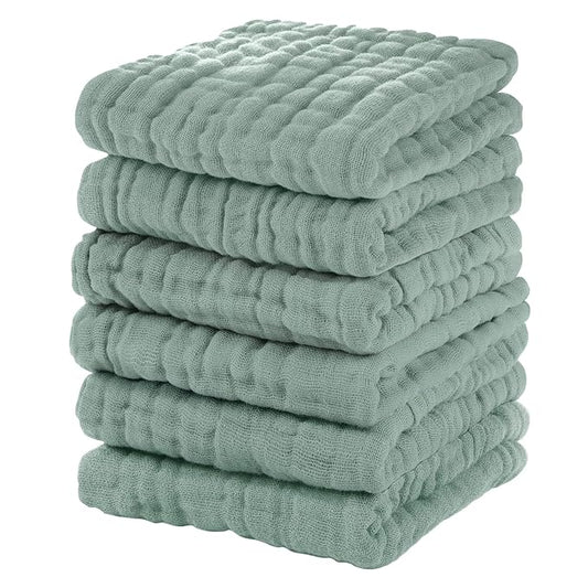 Unnivoll Muslin Baby Washcloths 6 Pack, 100% Cotton Wash Cloths for Babies, Large 12''X12'' Burp Cloths Absorbent and Soft for Newborn Infants Kids Boys Girls - Dark Green