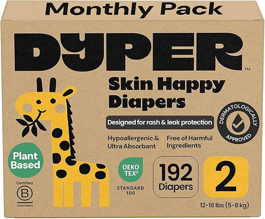 DYPER Monthly Pack Baby Diapers Size 2 (12-18 lbs) 192 Count - Leak-Proof & Plant Based, Hypoallergenic and Ultra Absorbent Size 2 Diapers for Day and Overnight Skin Protection (Packaging May Vary)