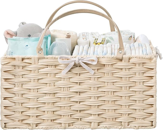HBlife Large Diaper Caddy Organizer, Washable Waterproof, Portable Plastic Wicker Woven Basket with Divider, Nursery Diaper Station, Baby Shower Gifts Basket & Car Organizer